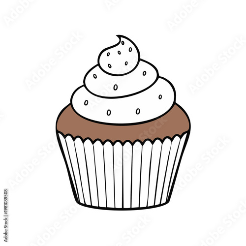 Hand drawn illustration of a chocolate cupcake with swirls of white frosting and sprinkles