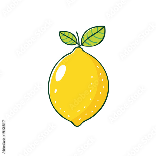 Bright yellow cartoon lemon with green leaves and subtle texture detail