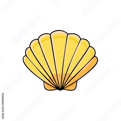 Illustration of a golden yellow scallop seashell with radiating lines and an outline