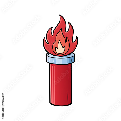 Cartoon illustration of a burning torch with a red handle and blue rim