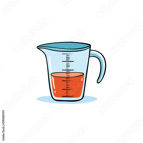 Clear glass measuring cup filled with orange liquid and marked with increments for precise liquid measurement