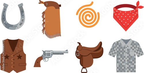 "Cowboy Accessories Set: Horseshoe, Bandana, Vest, Revolver, Saddle, and Western Shirt for Wild West and Western Theme"
