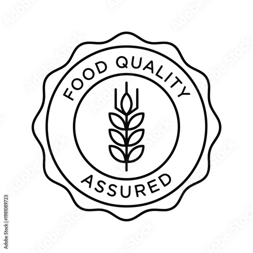 Food quality assured seal with wheat icon, simple line art vector graphic.