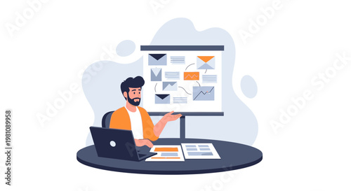 Man presenting business strategy on a whiteboard with laptop and documents