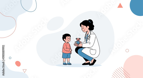 Doctor with teddy bear comforting child patient, pediatric care, friendly medical visit