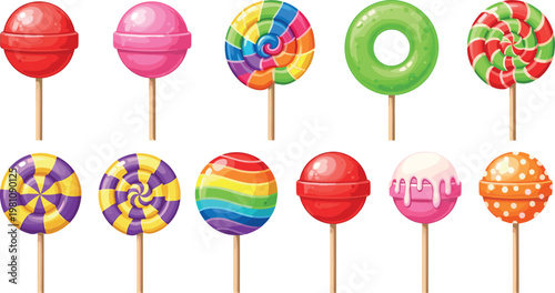 Colorful lollipop candy vector set with sweet swirl designs round sugar treats and vibrant dessert illustration collection
