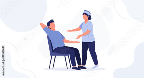Doctor assisting patient in chair, medical care, healthcare concept illustration