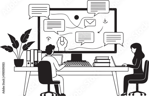 Two people working at a desk with a large computer monitor