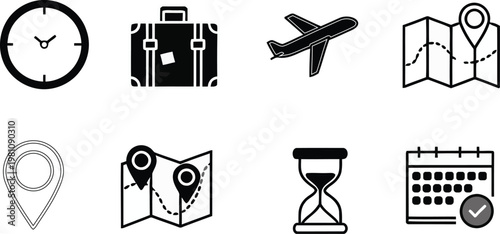 Travel and time icons set planning a journey with essential symbols