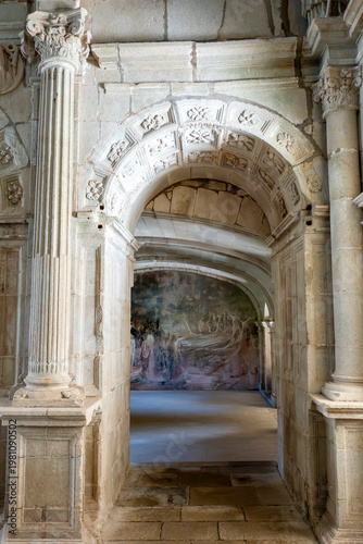 Renaissance portal with flowered coffered arch in Sobrado dos Monxes Monastery, 16th century. A Coruña, Galicia, Spain