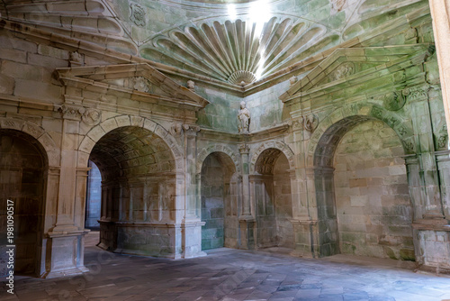 Interior of the Sacristy with giant scalloped vault and coffered arches, Sobrado dos Monxes Monastery, 16th-17th century transition. A Coruña, Galicia, Spain