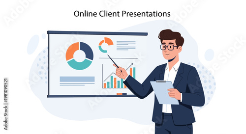 Man presenting online client presentations with charts and graphs on screen