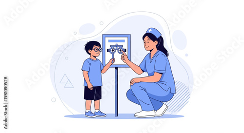 Optometrist examining a child's eyesight with a phoropter, eye test chart in background.