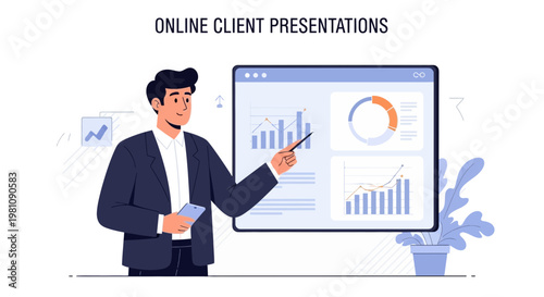 Man presenting online client presentations with charts and graphs on screen