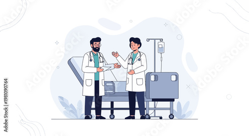 Two doctors discussing in a hospital room with a patient bed and IV drip