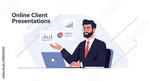 Man presenting online client reports with laptop and charts, business meeting concept