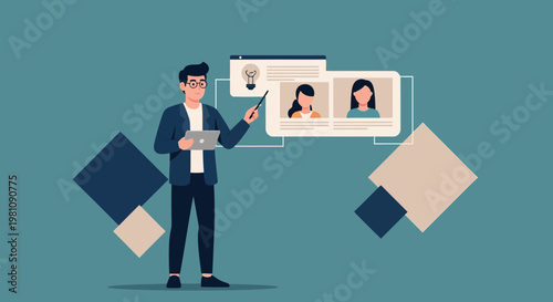 Man presenting online course with video call participants and lightbulb idea icon