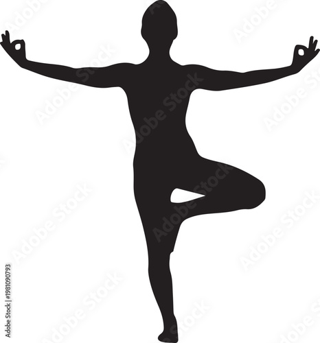 Black silhouette vector of person in yoga tree pose with arms extended and meditative hand gesture, symbolizing balance, focus, mindfulness, and wellness in minimalist modern abstract design.