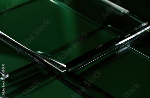Stacked glass panels with green reflective surfaces for modern product background and clean geometric banner design with glossy transparency and depth