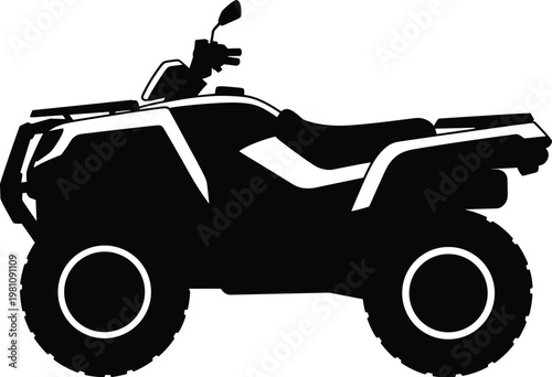 All terrain vehicle ATV silhouette with off road quad bike design isolated on white background for adventure sport logo, transport branding and outdoor recreation