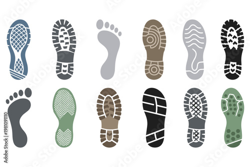 Collection of shoe sole prints and footprints for footwear design.