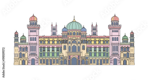Large Building with Colorful Domes Towers.