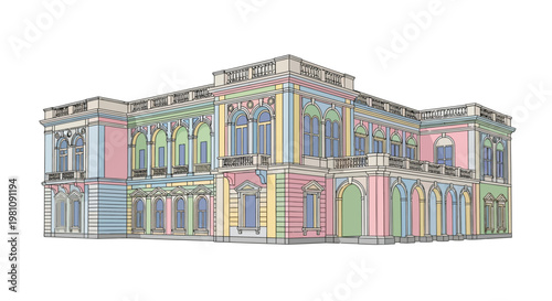 Colorful illustration of large building.