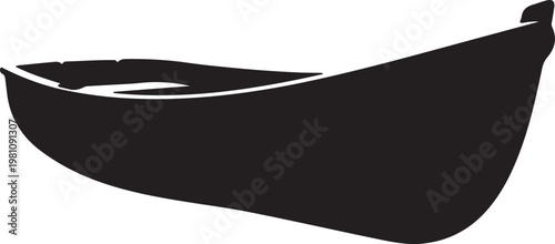 Black silhouette vector of traditional canoe with long narrow shape and curved ends, symbolizing outdoor adventure, water travel, exploration, and recreation in minimalist modern design.