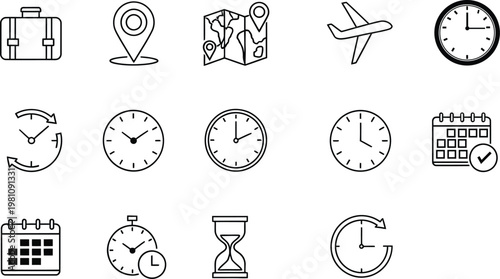 Travel and time icons set a collection of black and white line art
