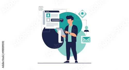 Man using tablet with digital interface, data, communication icons, business concept