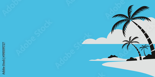 Palm tree silhouette on tropical beach background with blue sky. Summer vacation travel concept. Minimalist landscape design for poster, banner or invitation with copy space area.