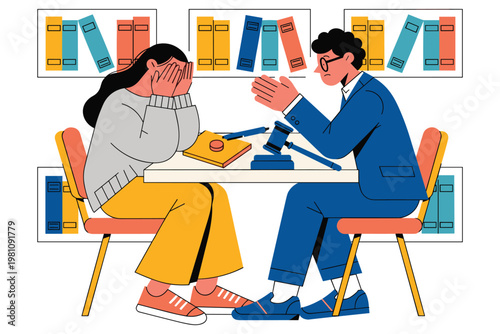 Courtroom scene with lawyer comforting crying woman sitting at desk with judicial gavel.