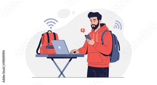Man with Backpack Using Laptop and Phone, Wi-Fi Connection, Remote Work Concept