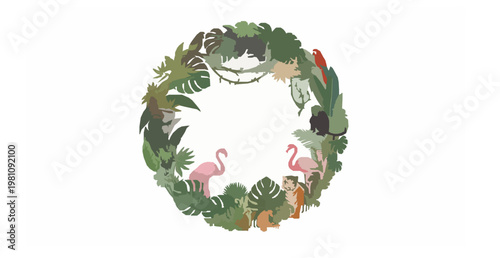 Tropical jungle forest wallpaper mural with birds animals leaves vector illustration