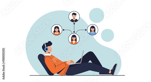 Man with headphones on laptop connecting with people online, remote work concept