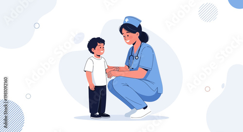 Nurse comforting a child, illustration, healthcare, medical, pediatric care, friendly interaction