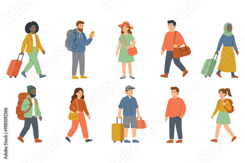 Diverse group of travelers and tourists walking with suitcases backpacks and travel bags.