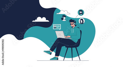 Man with headphones on laptop, connected to people icons, online communication concept