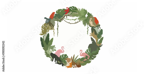 Tropical jungle forest wallpaper mural with birds animals leaves vector illustration