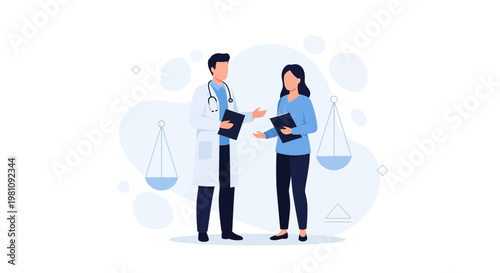 Doctor and patient discussing legal aspects of healthcare with scales of justice illustration