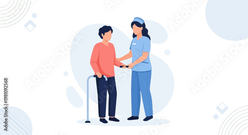 Nurse assisting elderly man with walker, rehabilitation and care concept