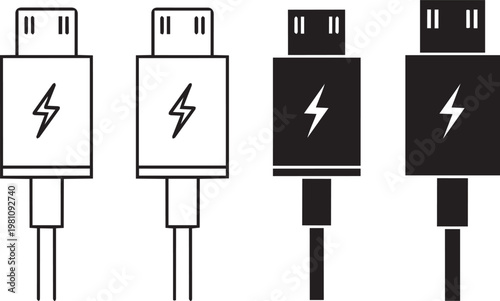Four different types of usb charging cables with lightning bolt symbols charging lightning connectivity electronics connector technology