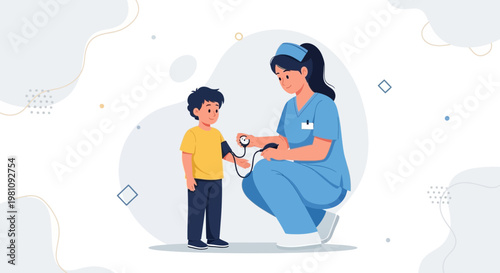 Nurse taking child's blood pressure, medical checkup, healthcare concept illustration