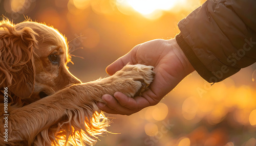 Close up of dog paw touching human hand in a sign of friendship and trust at sunset
