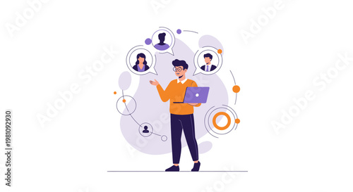 Man with laptop connecting with people online, business networking concept