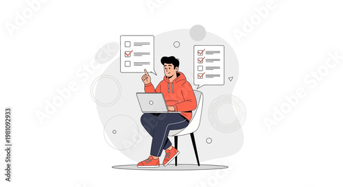 Man with laptop checking tasks on checklist, online work concept