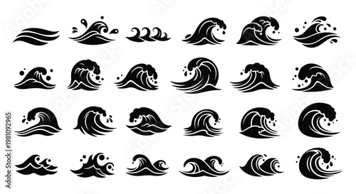 Ocean wave icons set, black sea surf silhouettes, 24 vector wave elements for logo design and nautical branding, minimalist water splash symbols