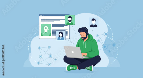 Man with Laptop Connects Online with People via Video Call, Remote Work Concept