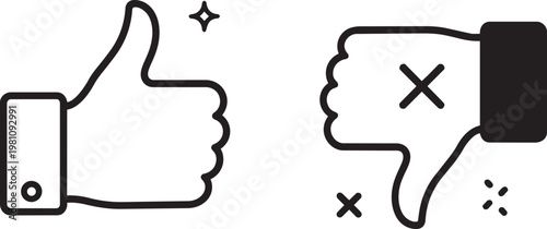 Thumbs up and thumbs down hand symbols with approval disapproval positive negative feedback agreement disagreement evaluation assessment