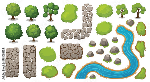 Cartoon landscape elements set, green trees and stone paths, blue river and garden bushes, nature map creator kit in EPS format